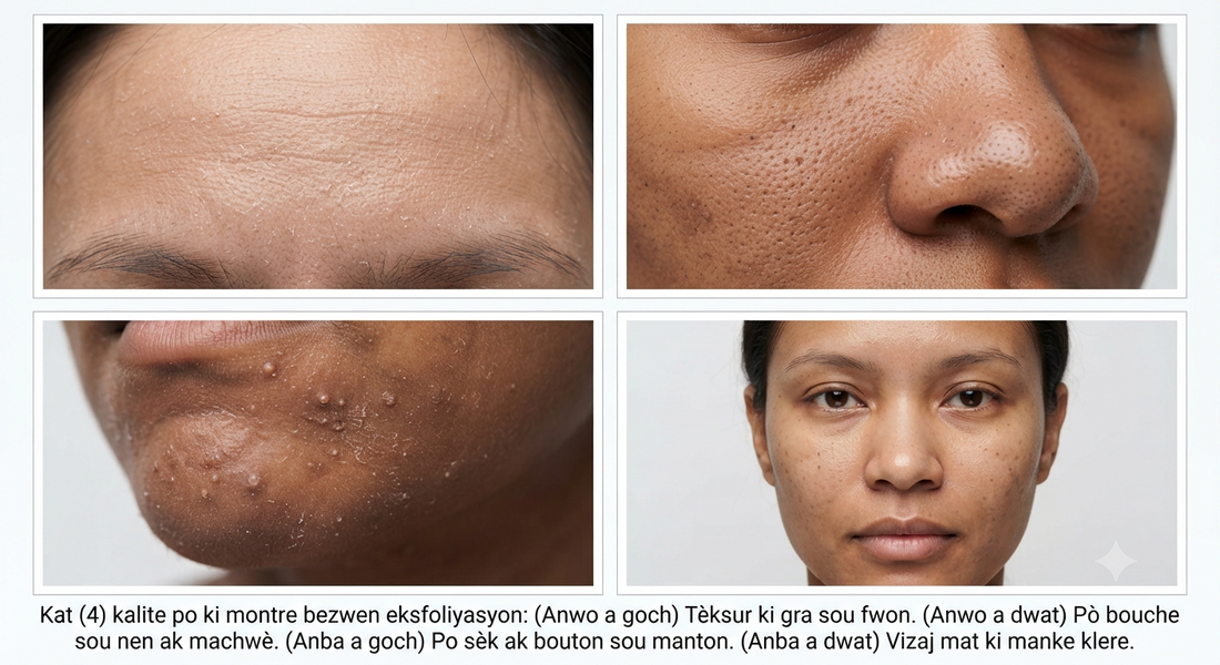 Quatre types de peaux nécessitant une exfoliation (texture grasse, pores bouchés, peau sèche avec boutons et teint mat).
